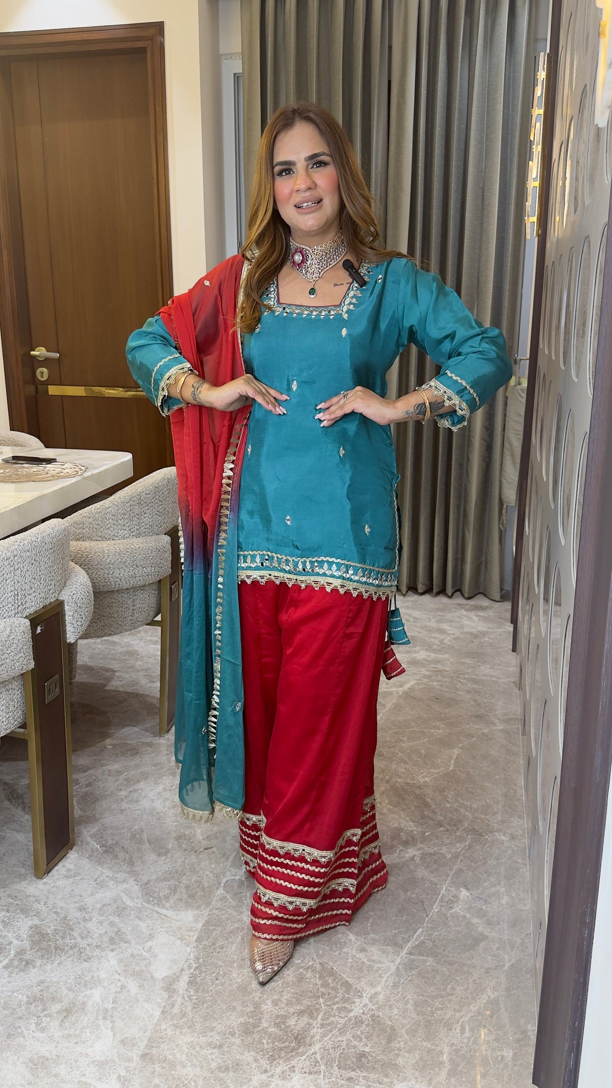 Elegant embroidered straight kurta paired with red palazzo pants pc3773