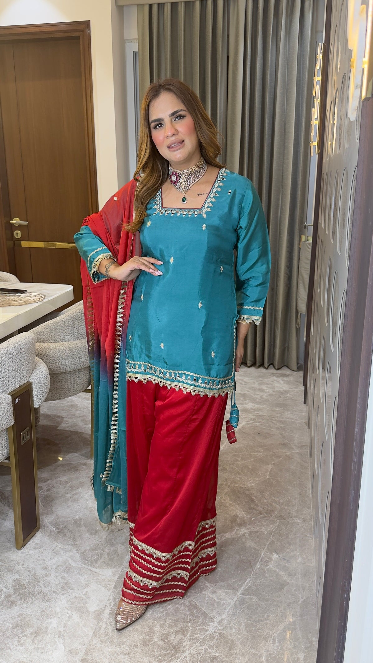 Elegant embroidered straight kurta paired with red palazzo pants pc3773