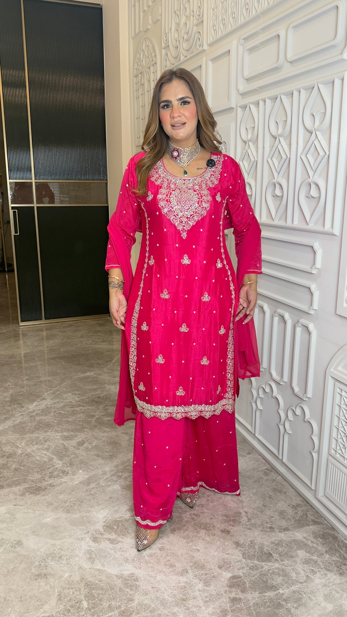 Elegant hot pink/fuchsia ethnic embroidered kurta set pc3776