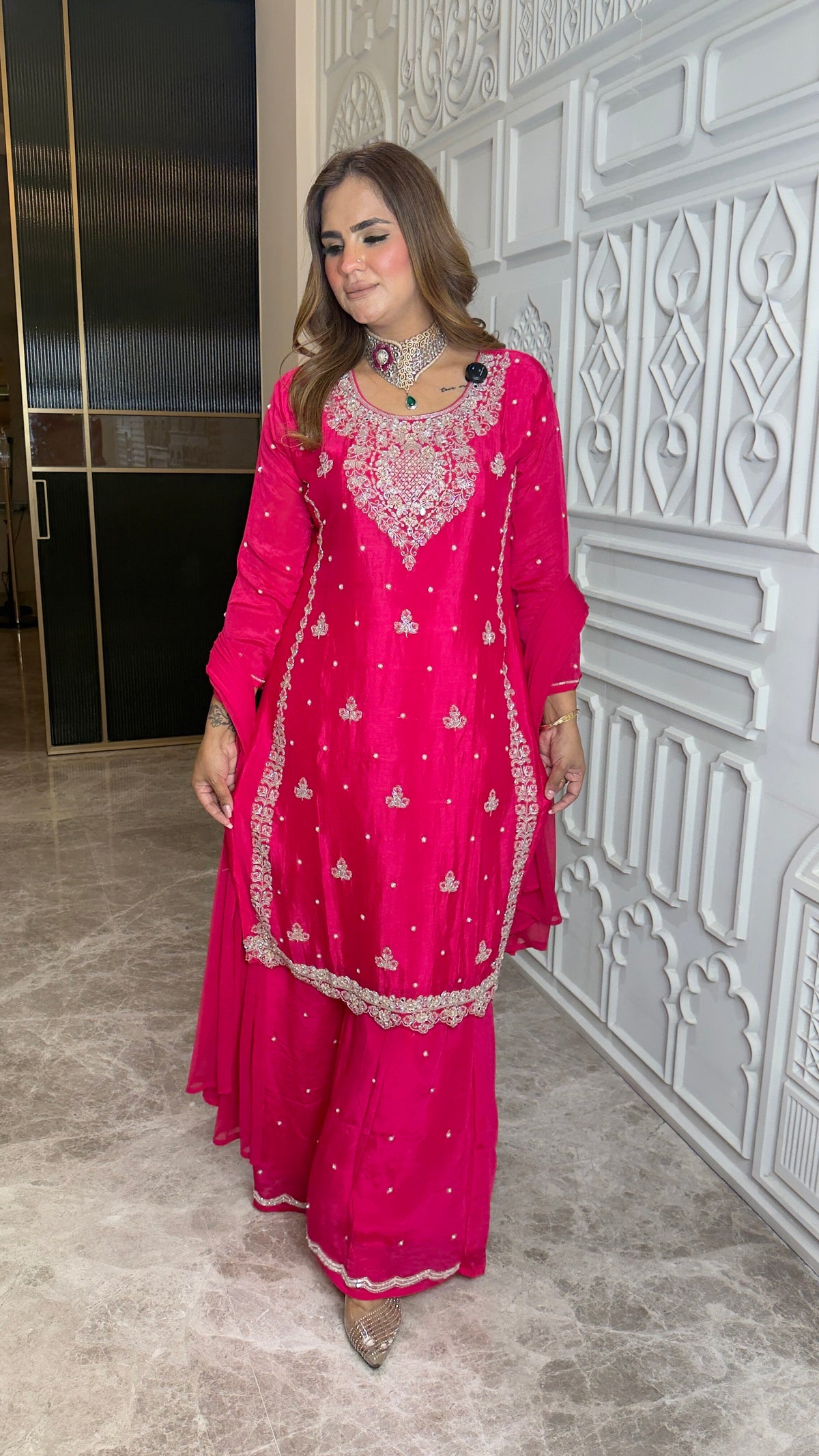 Elegant hot pink/fuchsia ethnic embroidered kurta set pc3776