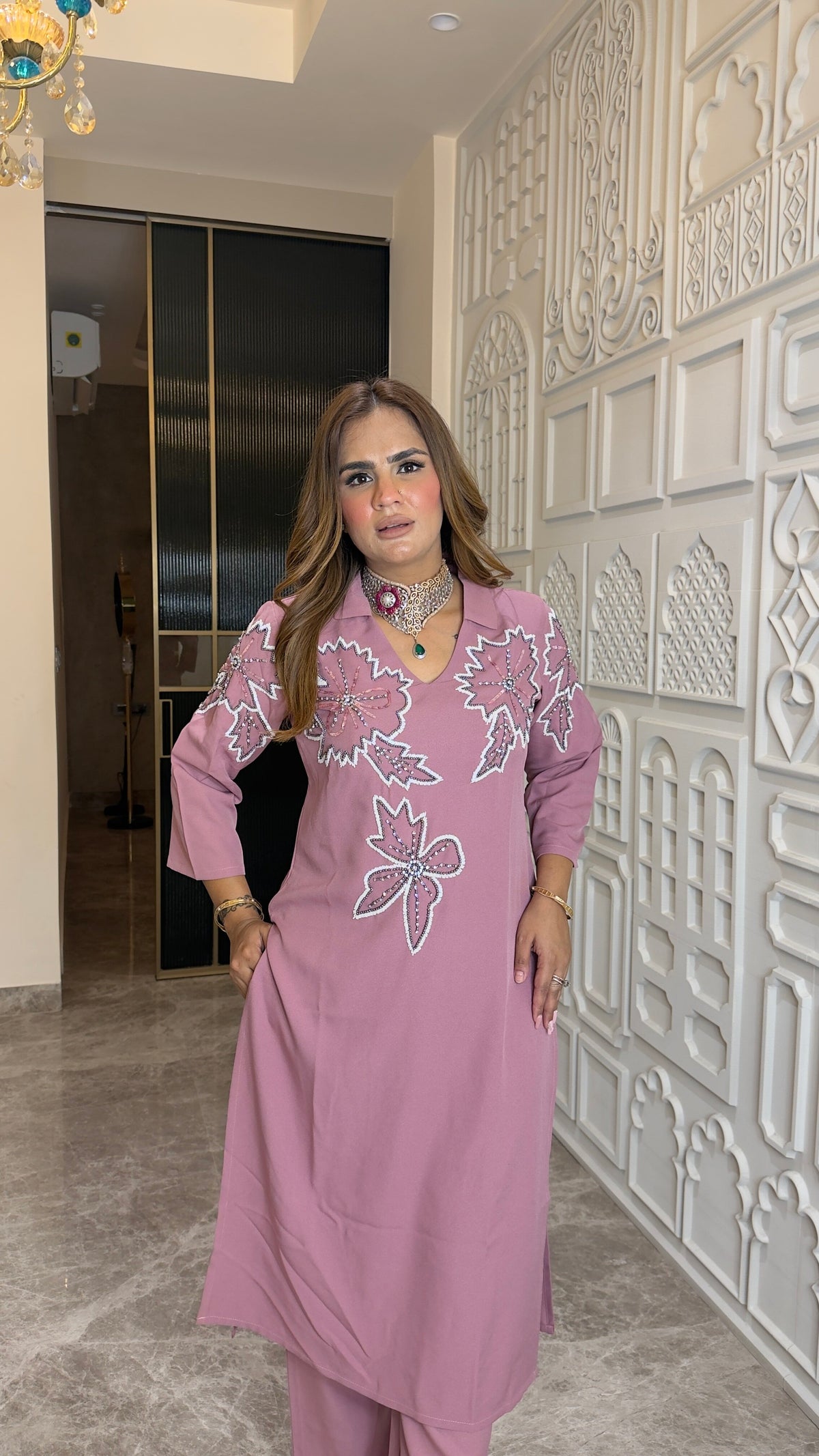 Elegant kurta set with white floral embroidery pc3777