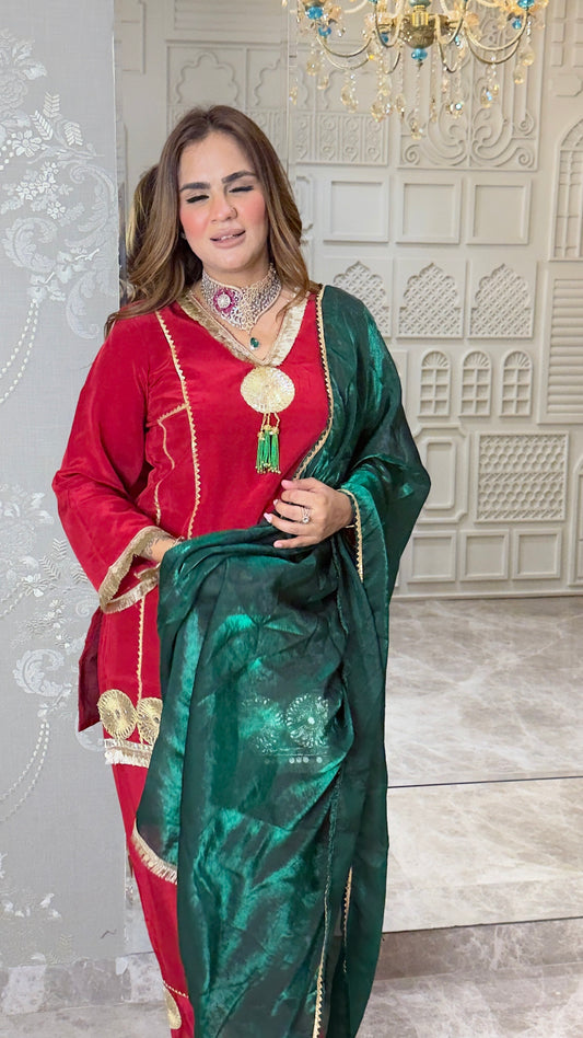 Beautiful red Punjabi suit with gold gotta patti lace pc3778