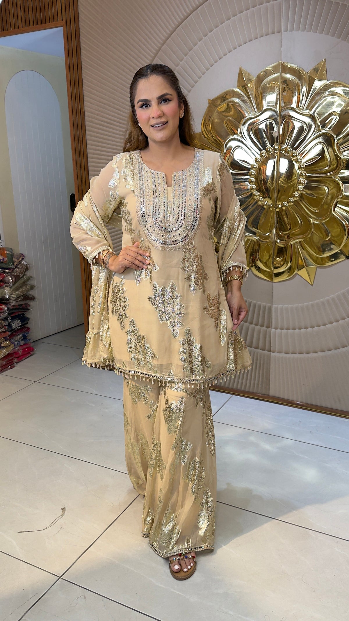 Beautiful soft yellow or cream-colored 3-piece embroidered pc3781