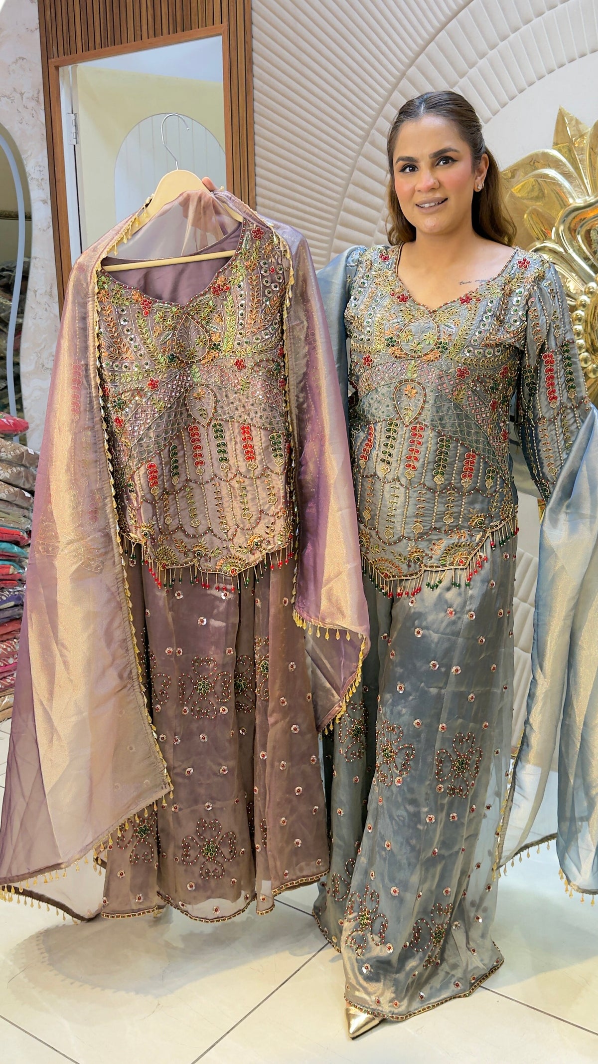 Beautiful tissue and organza sharara suit set pc3786