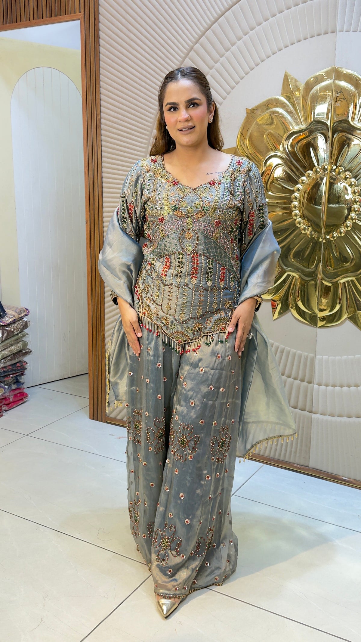 Beautiful tissue and organza sharara suit set pc3786
