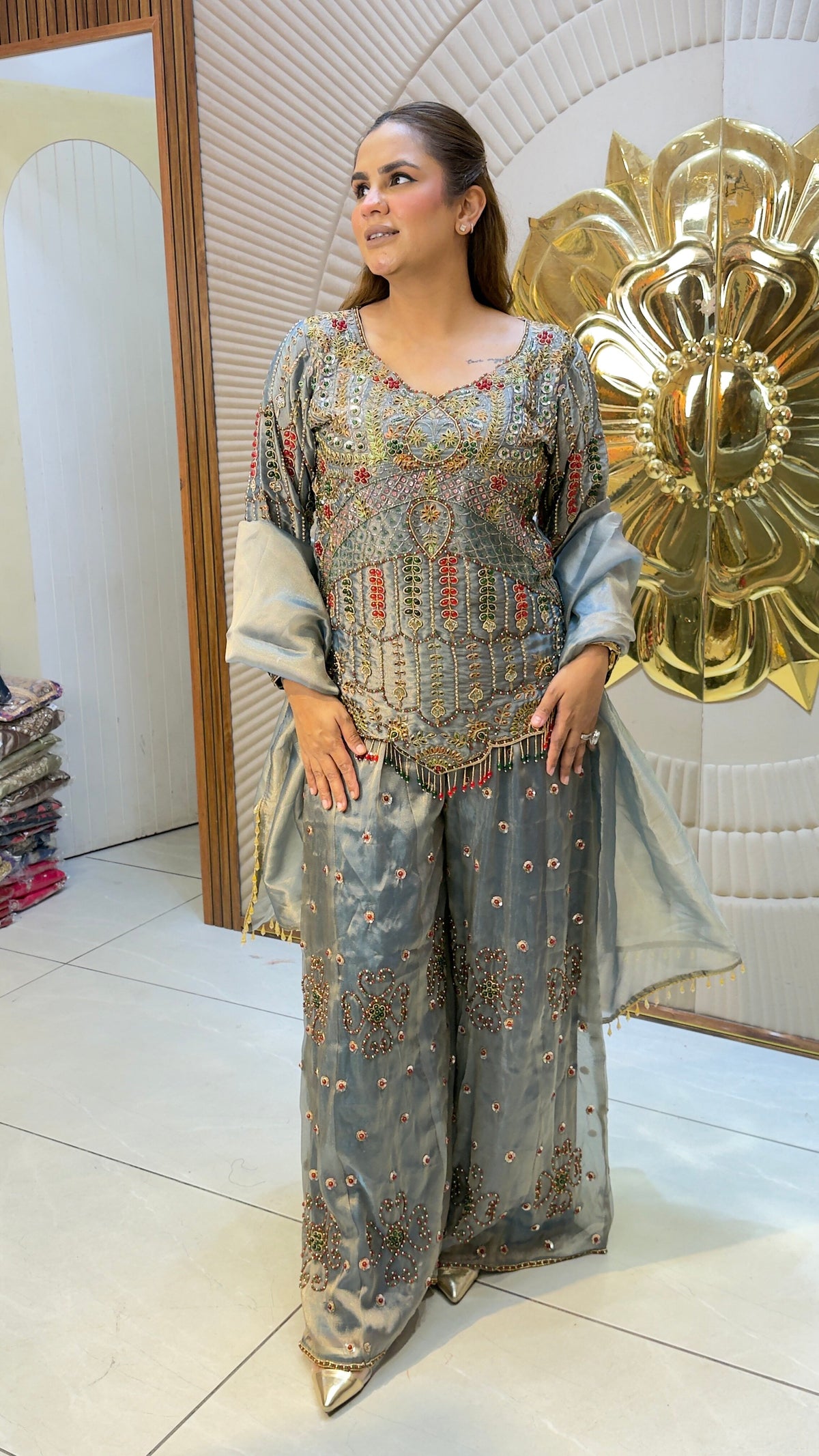 Beautiful tissue and organza sharara suit set pc3786