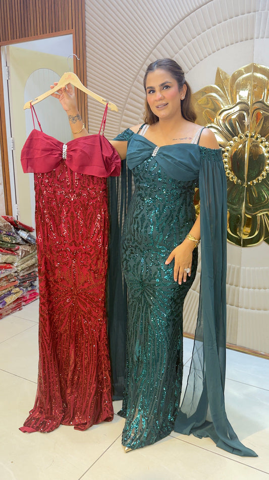 Beautiful cold-shoulder floor-length sequin embroidered pc3784