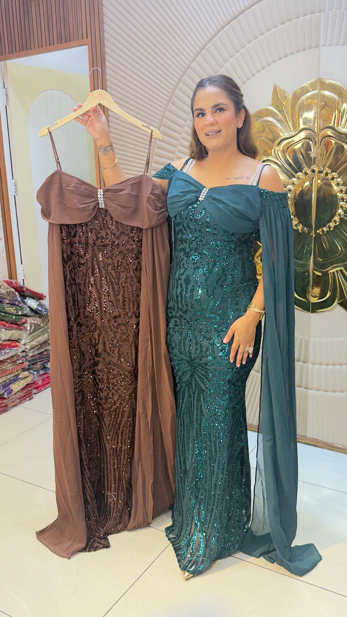 Beautiful cold-shoulder floor-length sequin embroidered pc3784