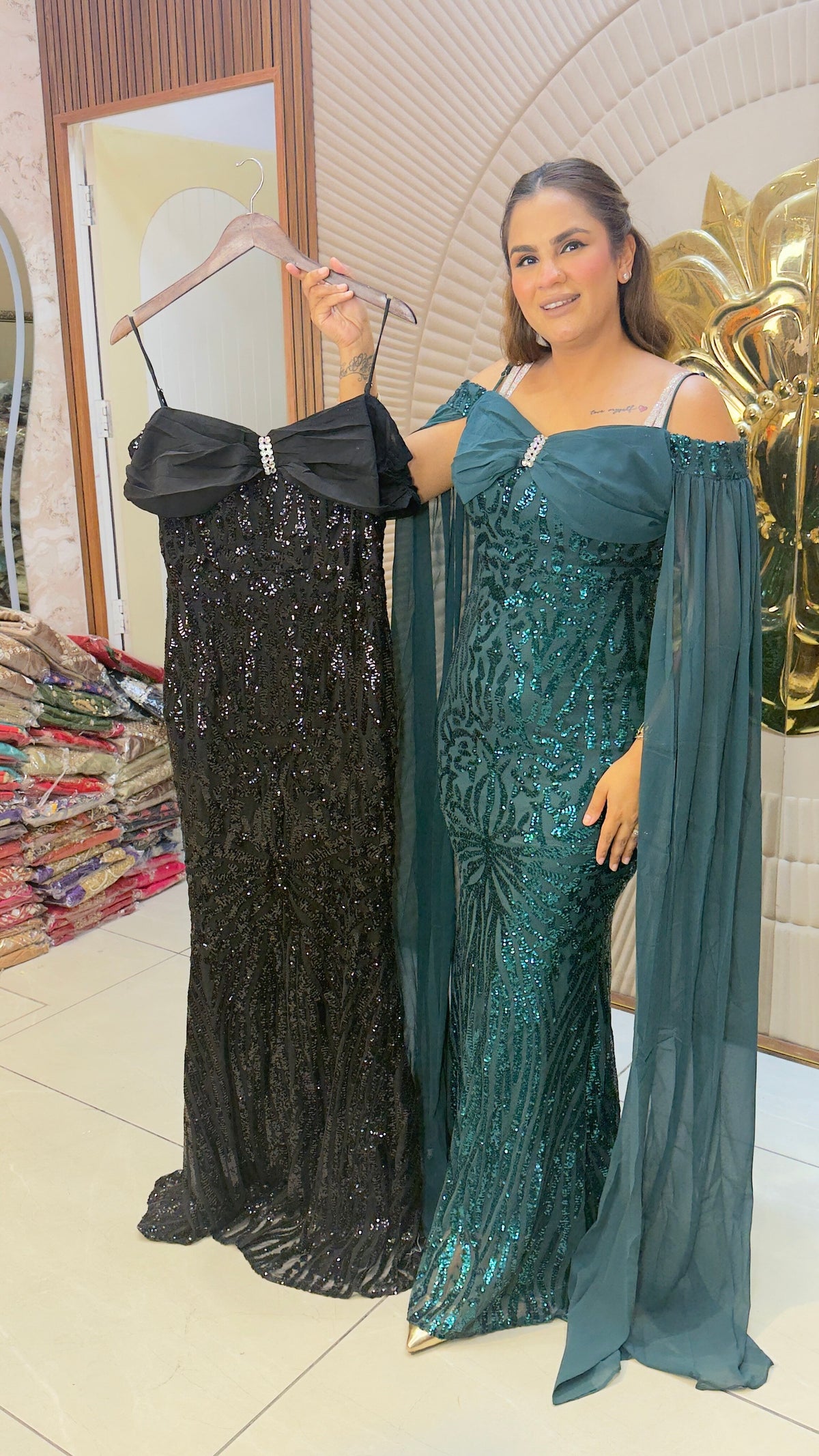 Beautiful cold-shoulder floor-length sequin embroidered pc3784