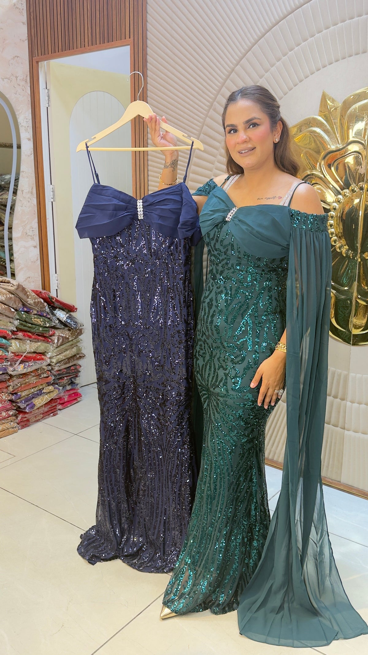 Beautiful cold-shoulder floor-length sequin embroidered pc3784