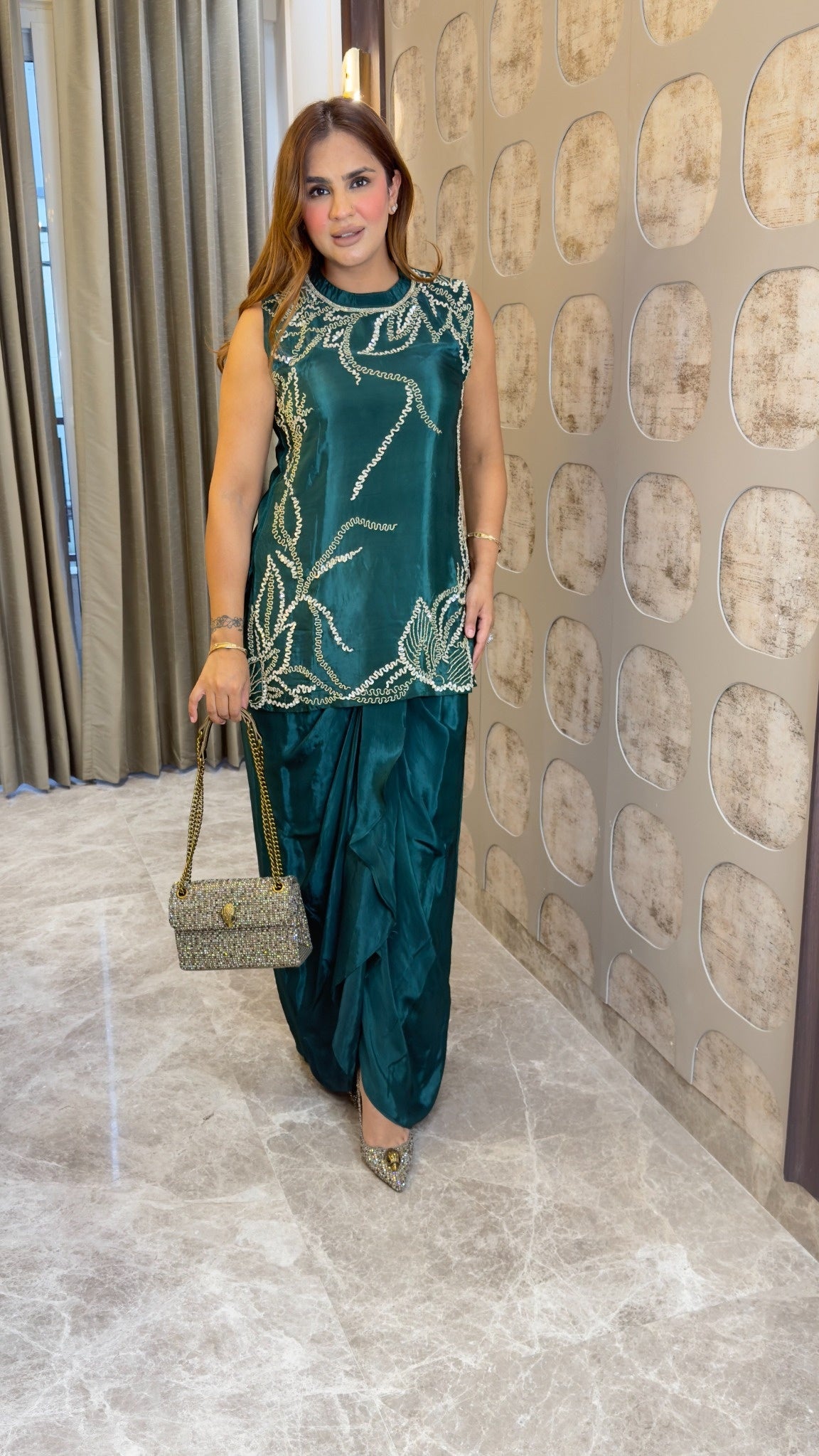 Elegant embroidered silk top paired with a matching satin draped skirt  pc3804