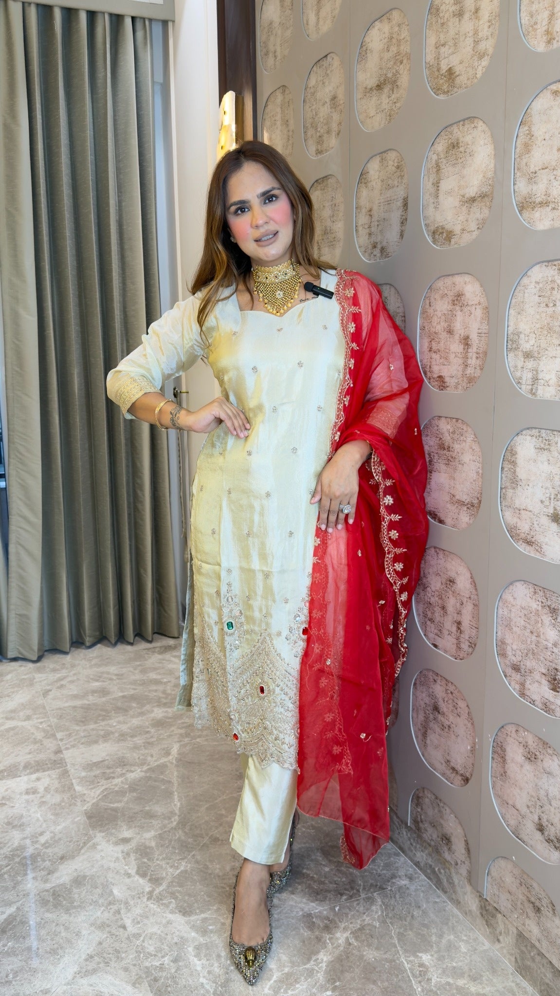 Elegant tissue kurta and pant set paired with a vibrant red embroidered dupatta  pc3805