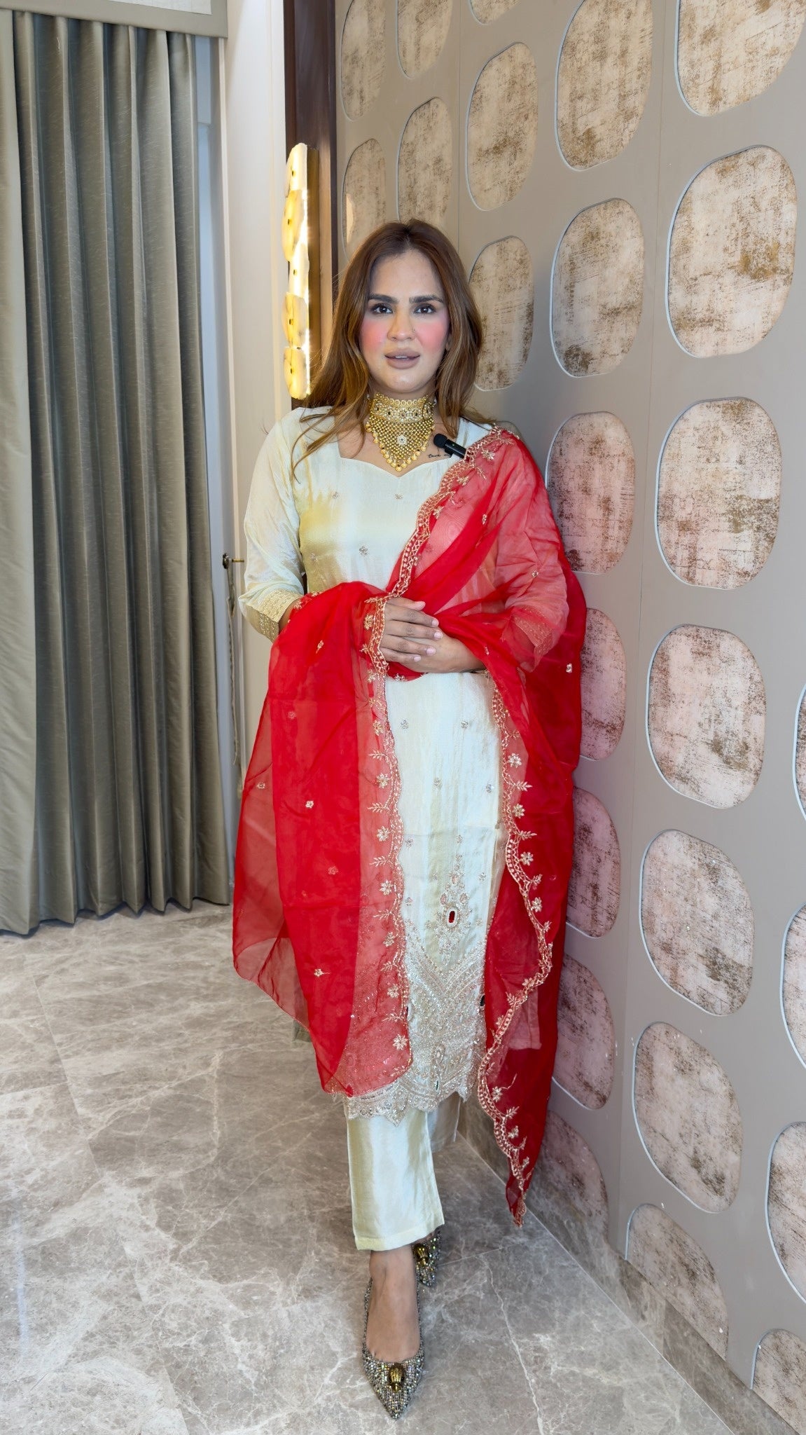 Elegant tissue kurta and pant set paired with a vibrant red embroidered dupatta  pc3805