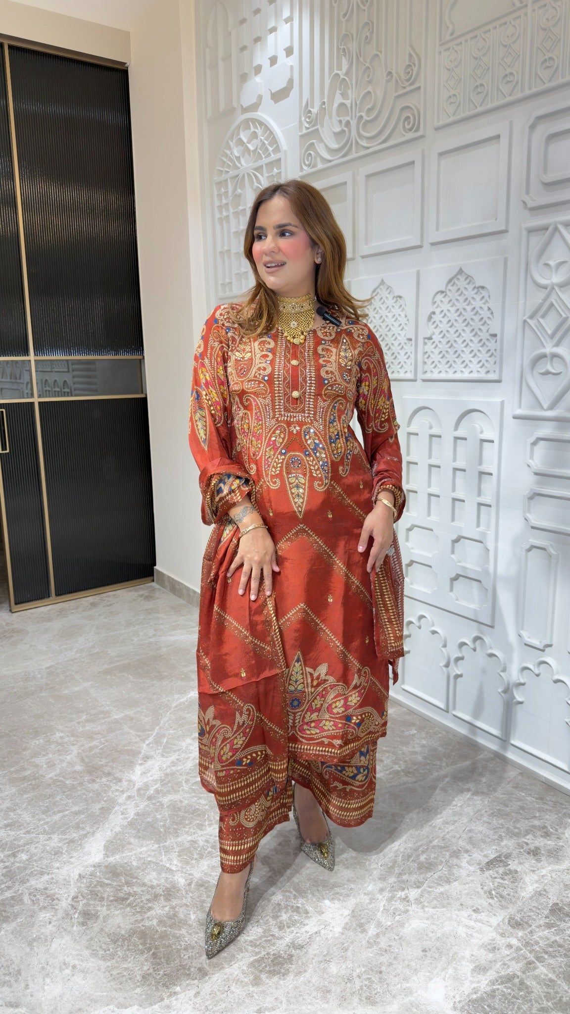 Elegant rust-orange paisley-printed pure crepe three-piece ethnic suit set pc3806