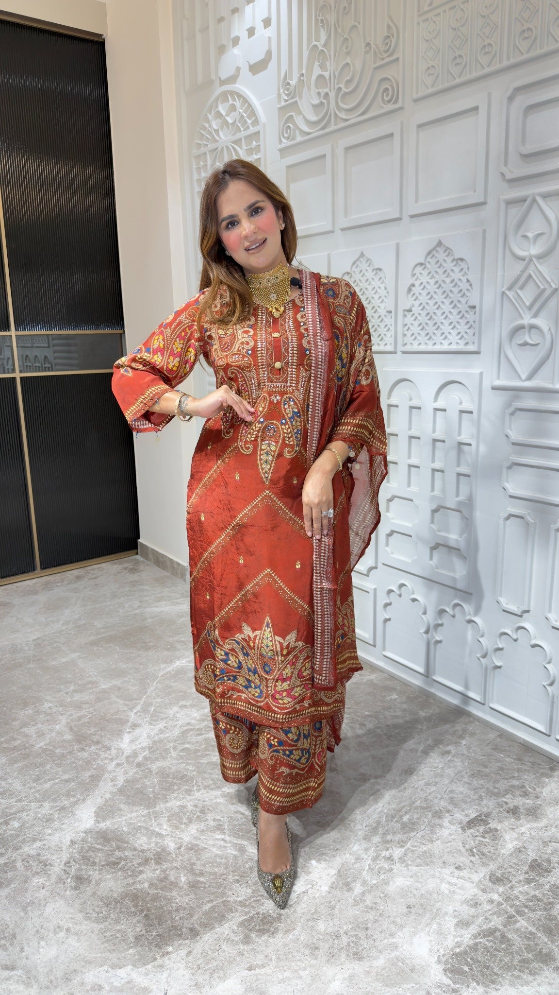 Elegant rust-orange paisley-printed pure crepe three-piece ethnic suit set pc3806