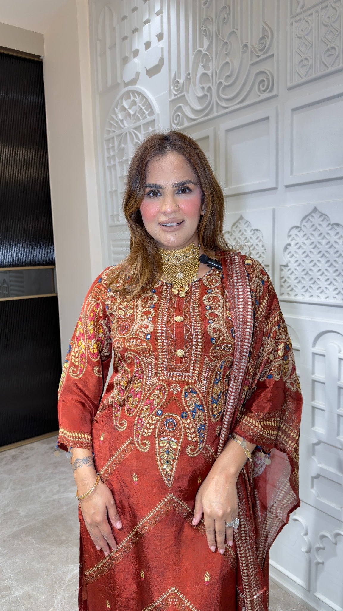 Elegant rust-orange paisley-printed pure crepe three-piece ethnic suit set pc3806