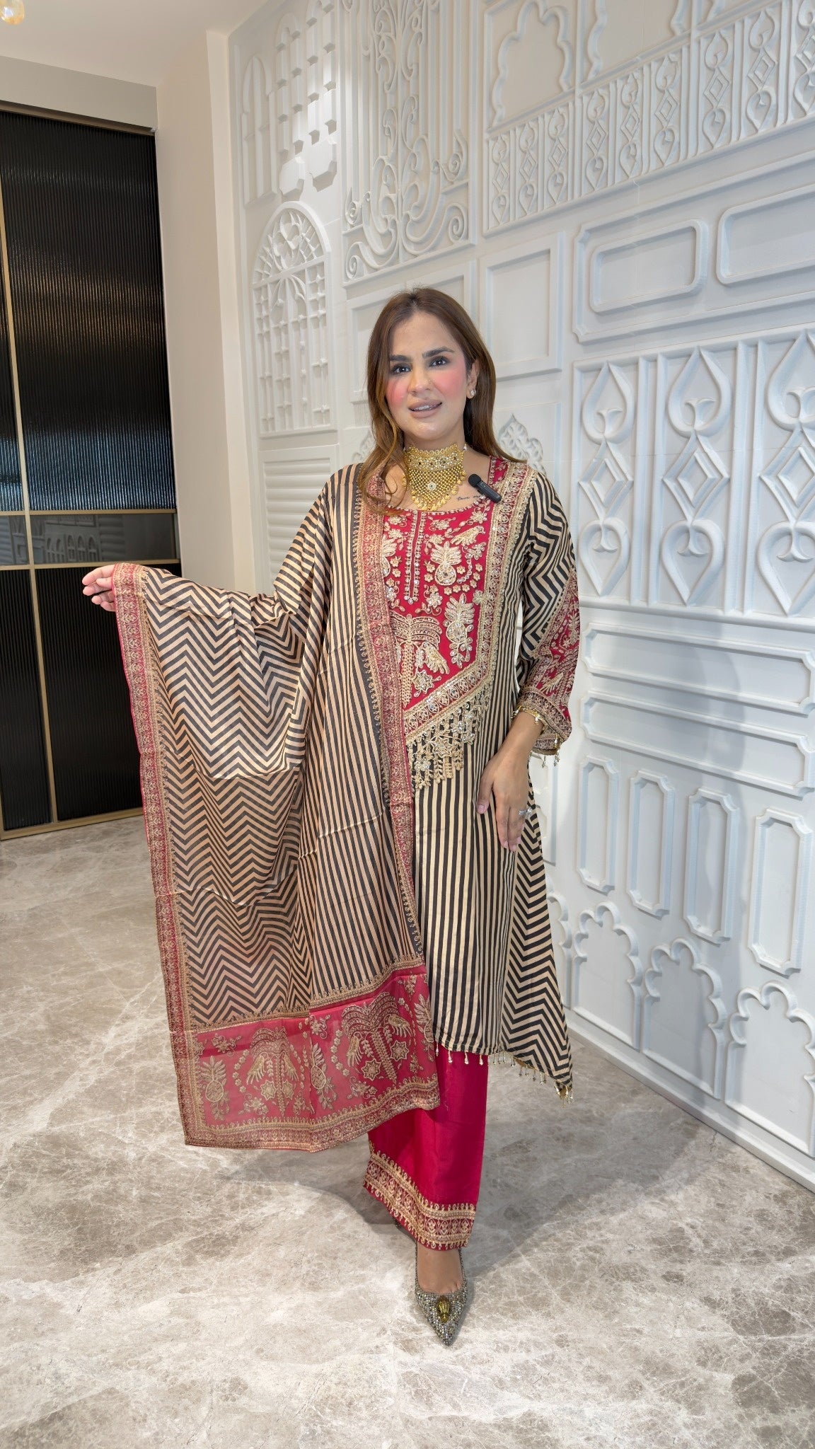 Elegant Similar outfits like the Wine Stripes Crepe Suit Set pc3807