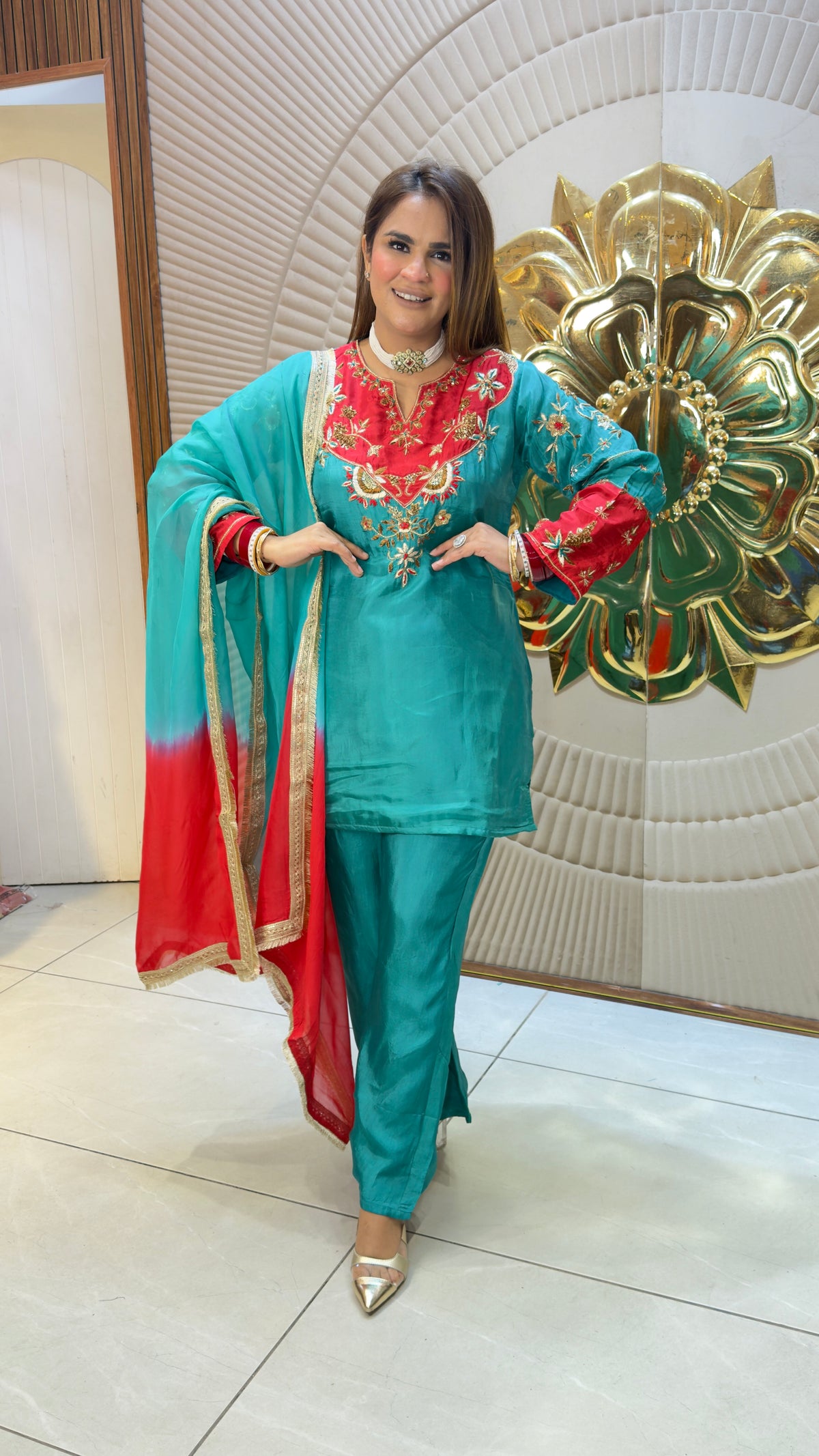 Beautiful silk embroidered kurta and palazzo set pc3823