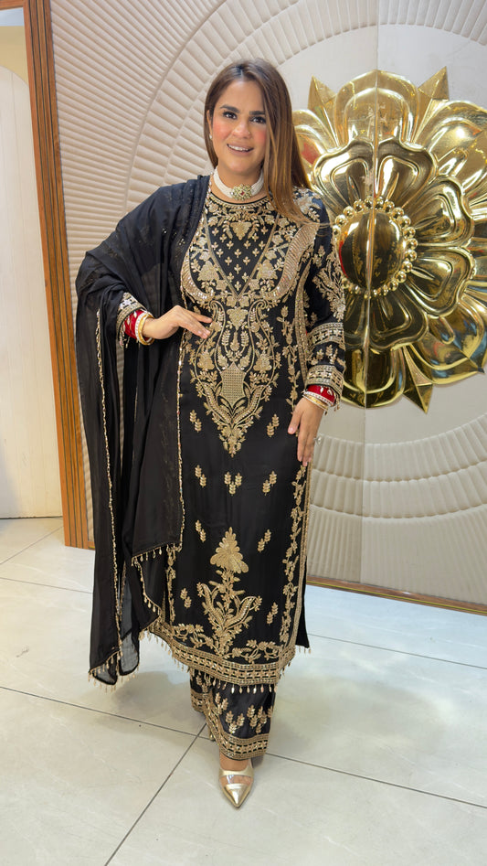 Beautiful black faux georgette and sequin-embroidered 3-piece ethnic salwar suit set pc3824