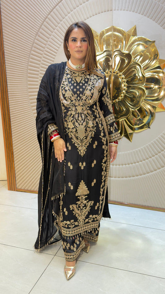 Beautiful black faux georgette and sequin-embroidered 3-piece ethnic salwar suit set pc3824