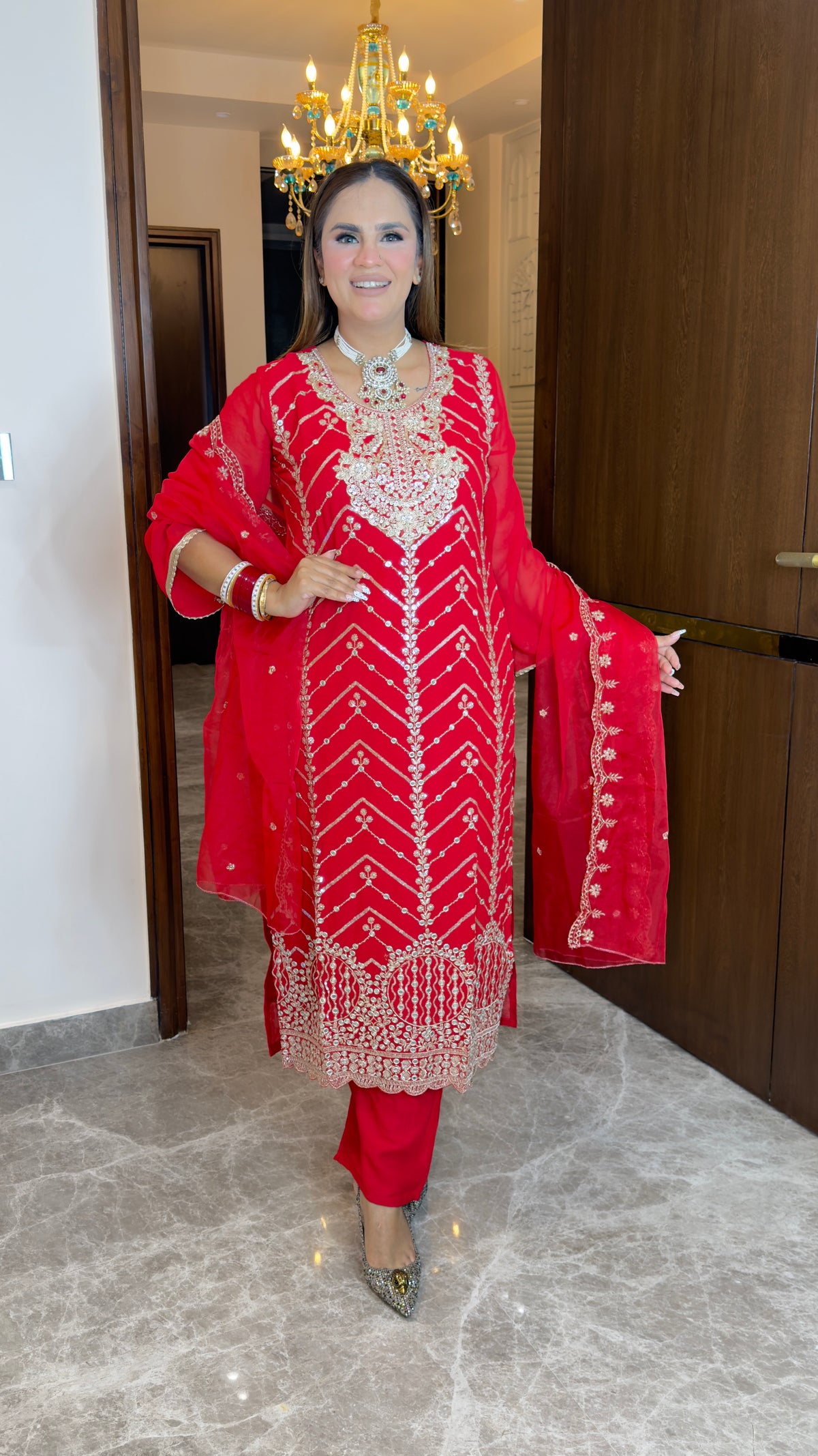 Beautiful red three-piece embroidered ethnic suit set pc3826