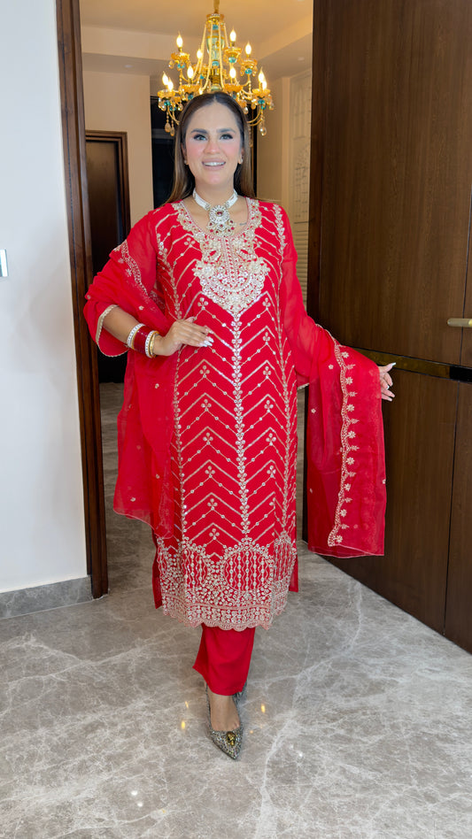 Beautiful red three-piece embroidered ethnic suit set pc3826