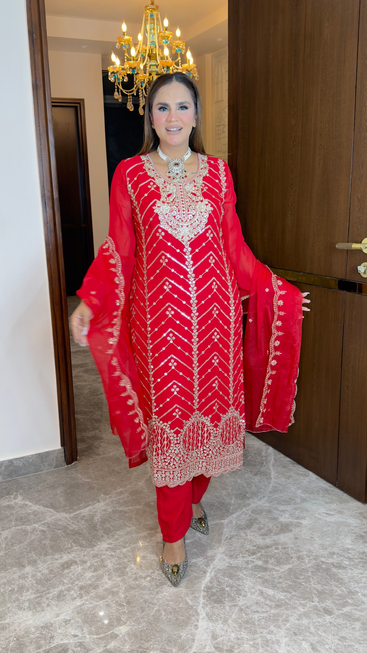 Beautiful red three-piece embroidered ethnic suit set pc3826