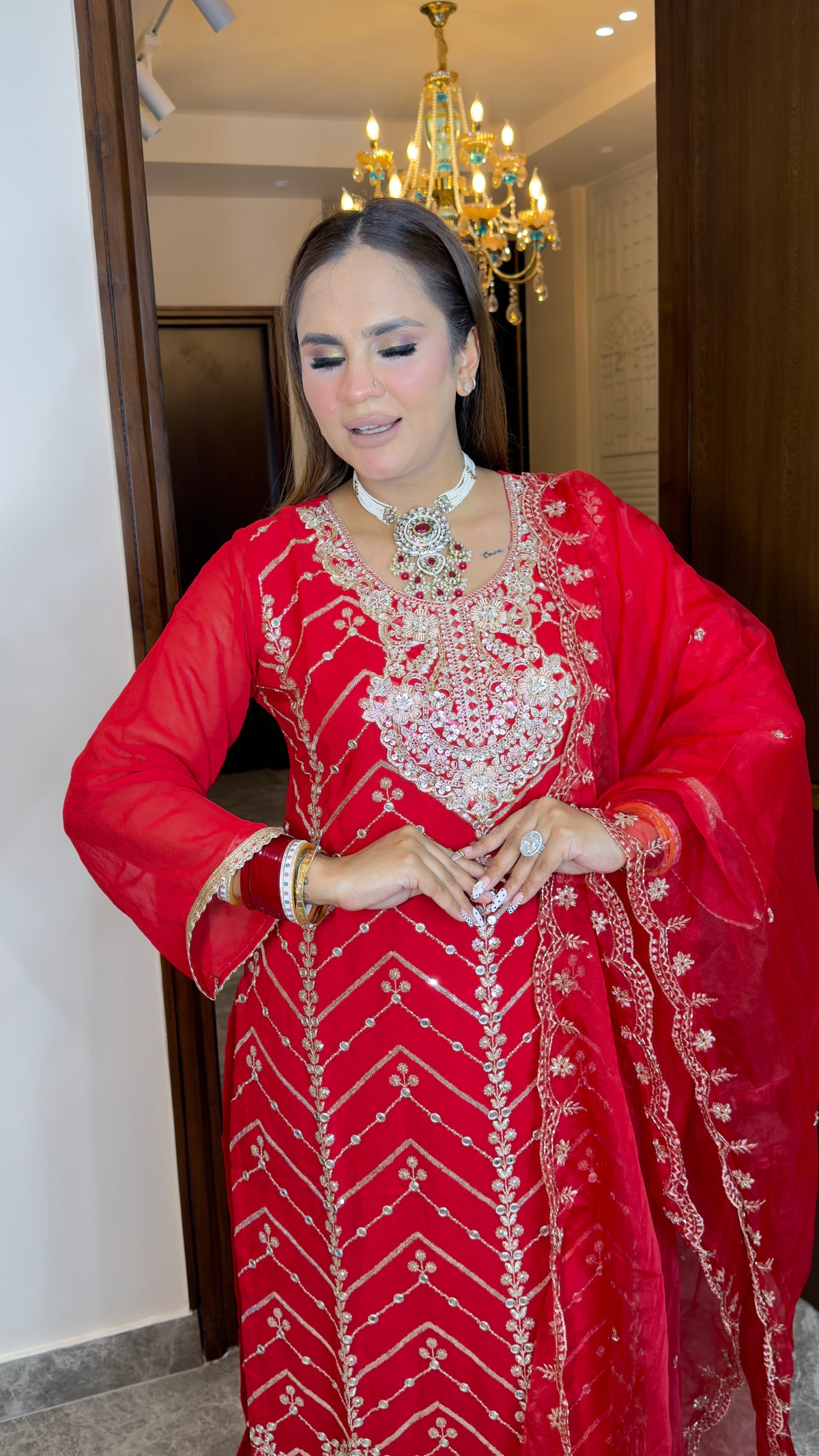 Beautiful red three-piece embroidered ethnic suit set pc3826