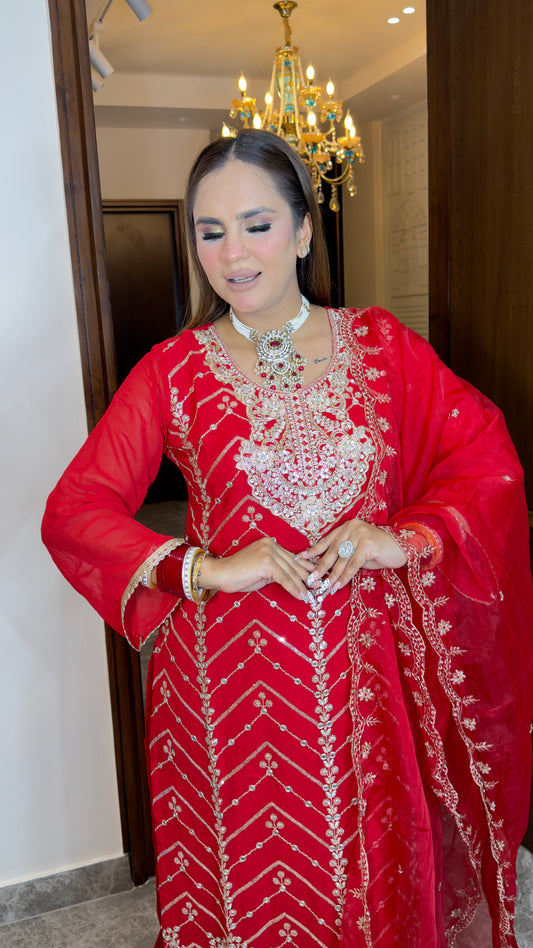 Beautiful red three-piece embroidered ethnic suit set pc3826