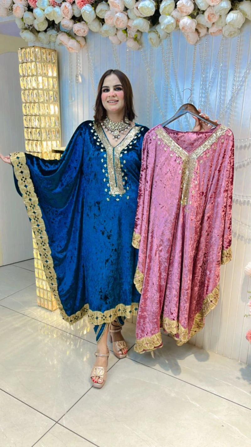 Premium Velvet Kaftan Set With Beautiful Neck PC026