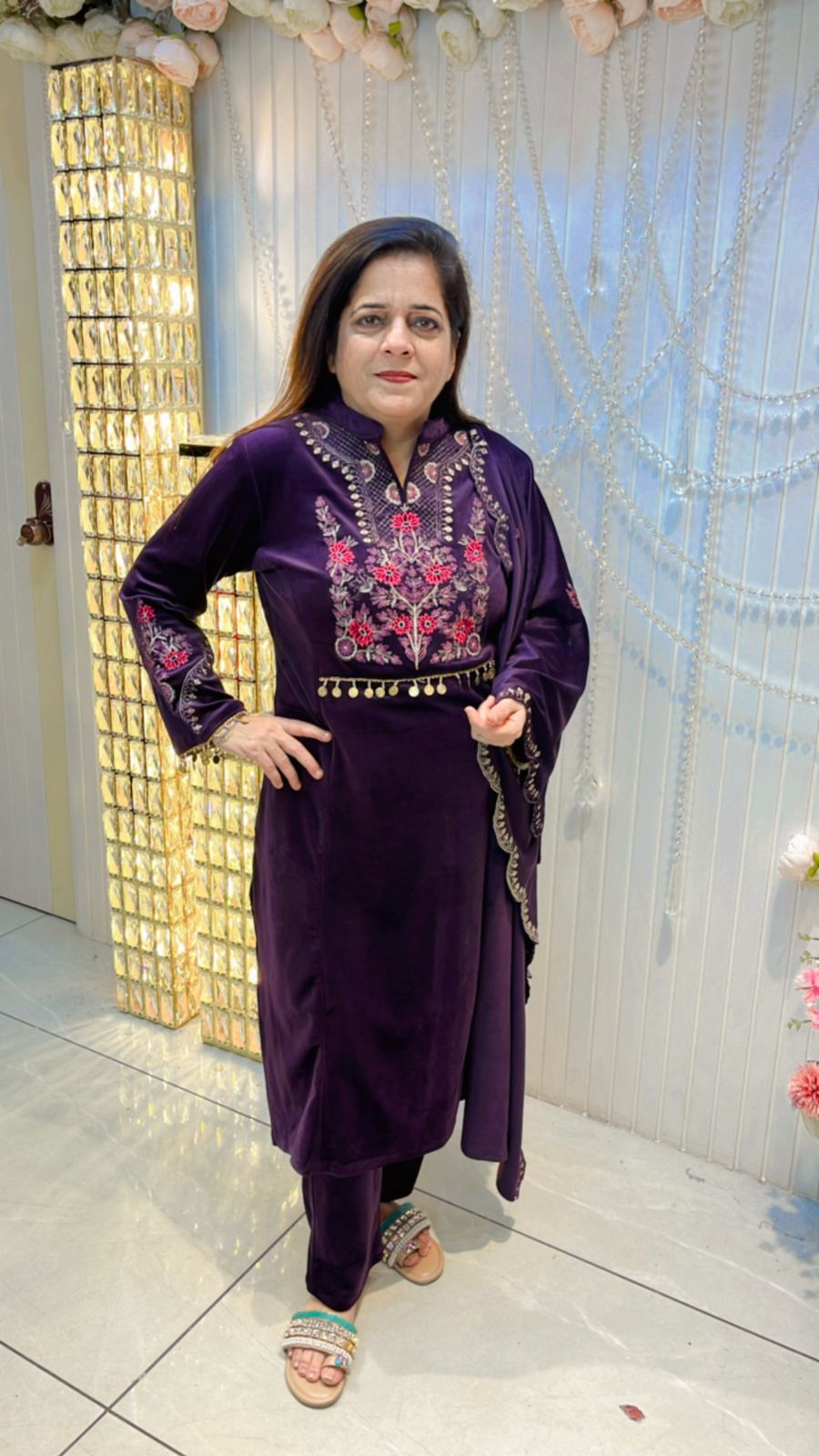 Stretchable Velvet Suit With Embroidery Work PC175