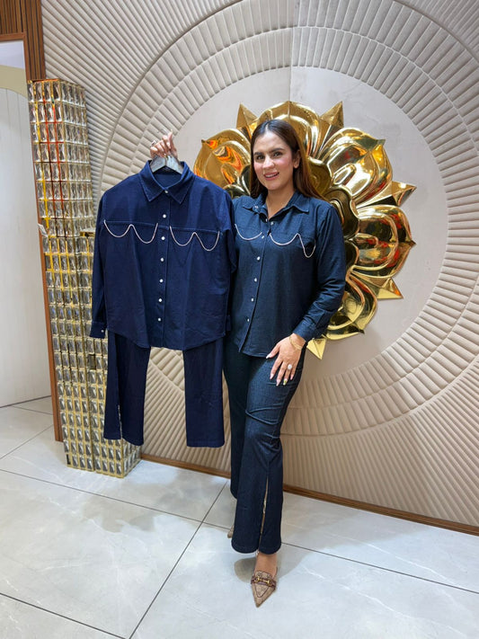 Beautiful Denim Co-Ord Set With Pearl Work PC1741
