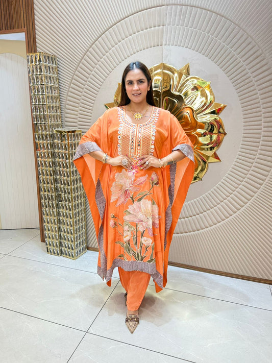 Beautiful Floral Kaftan With Mirror Work On Neck PC1771