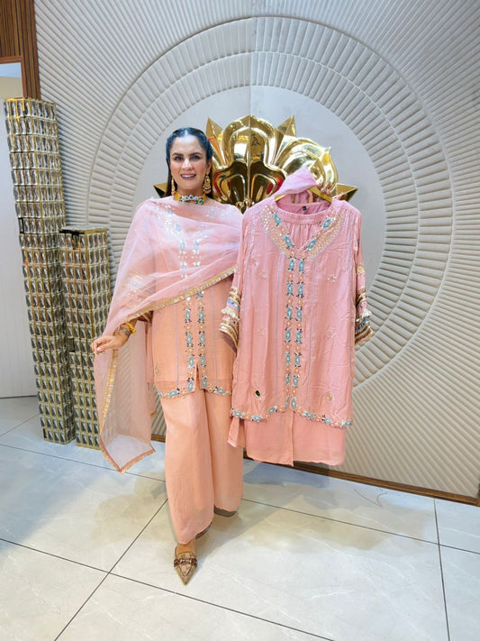 Beautiful Designer Suit With Lace Work On Sleeves PC1783