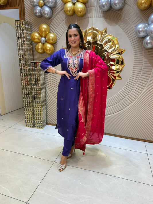 Purple Embroidered Suit with Pink Dupatta PC1827