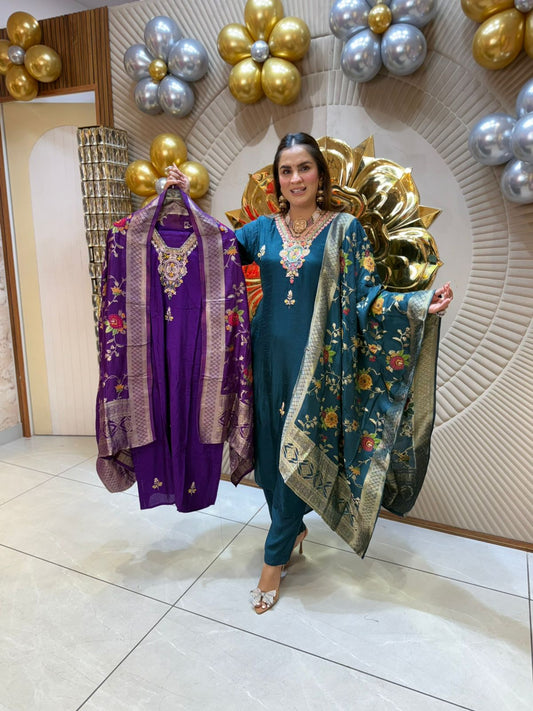 Teal Embroidered Suit with Banarasi Dupatta PC1828