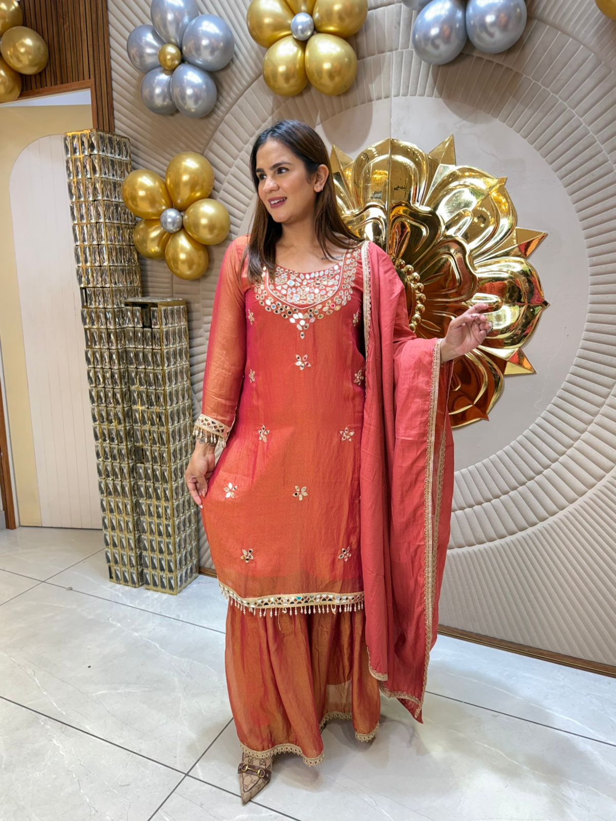 Beautiful Suit With Mirror Work On Neck PC1841