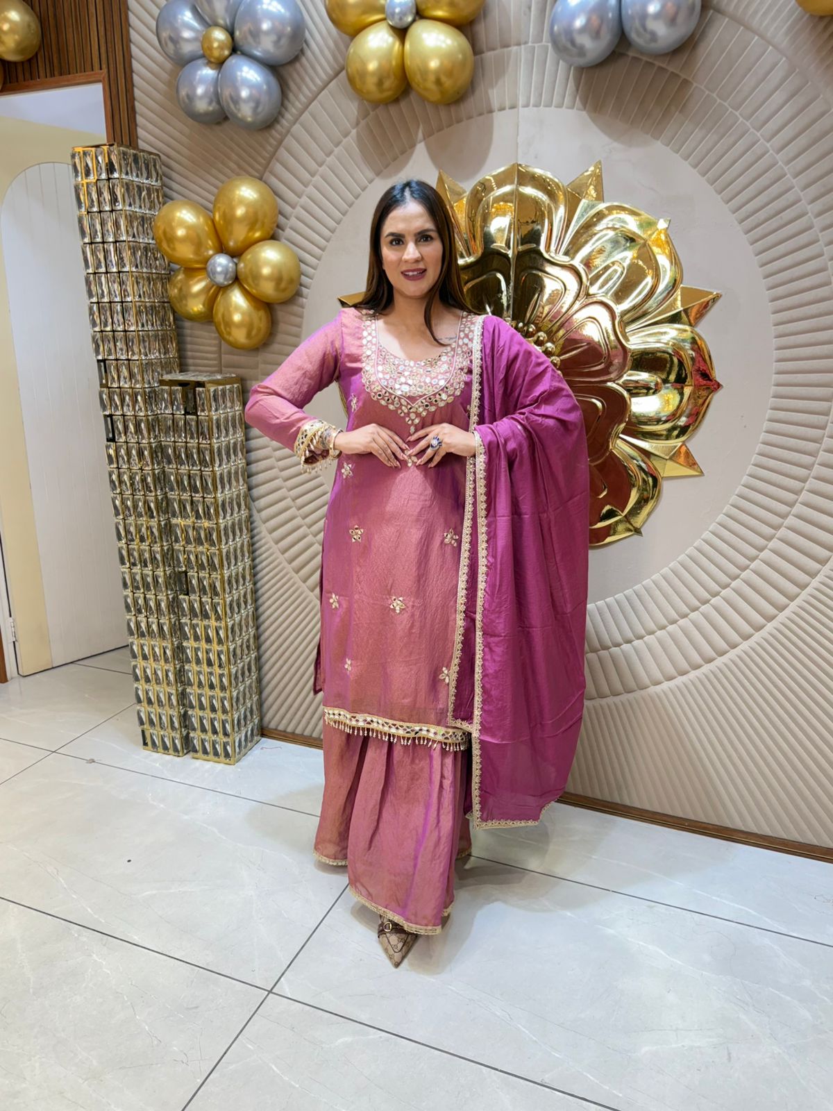 Beautiful Suit With Mirror Work On Neck PC1841