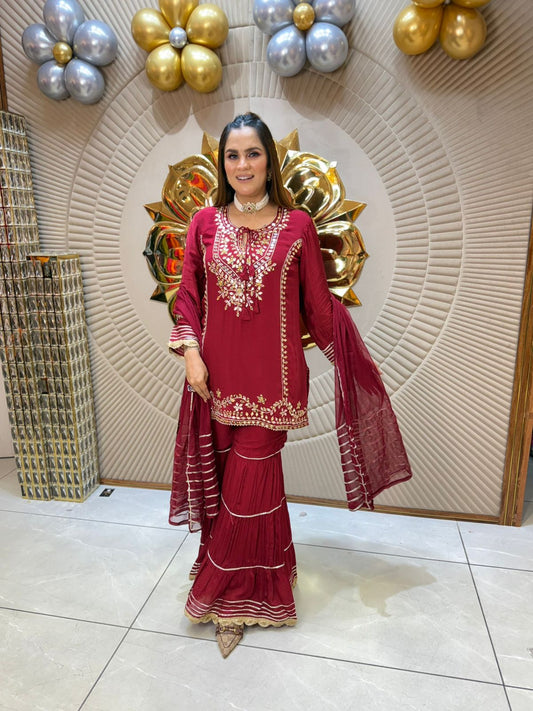 Elegant Maroon Sharara Set PC1849