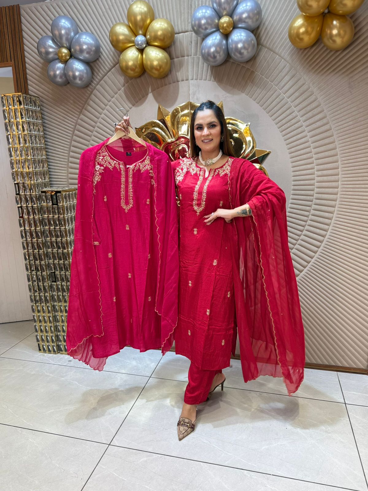 Elegant Embroidered Silk Suit PC1850