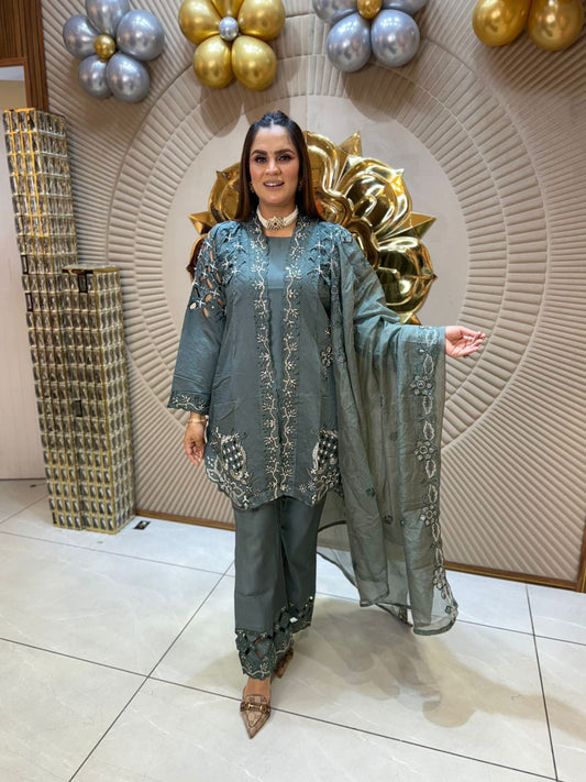 Chic Steel Blue Embroidered Suit PC1852