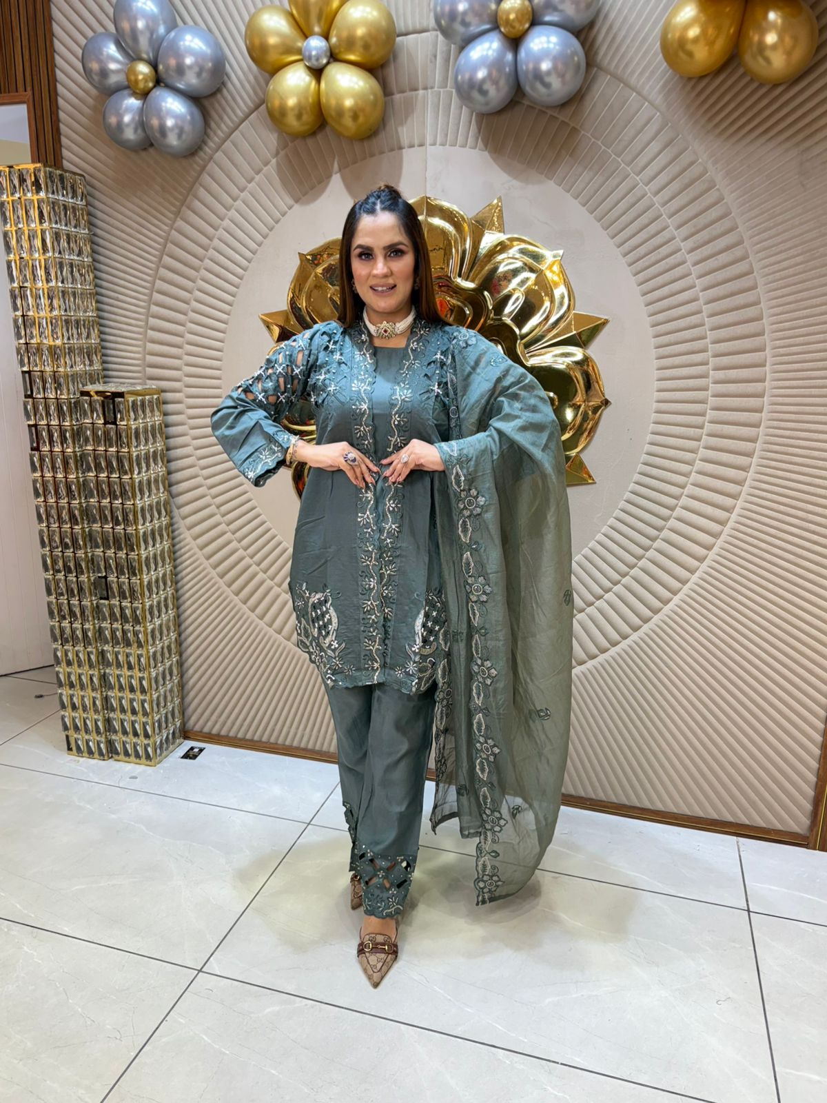 Chic Steel Blue Embroidered Suit PC1852