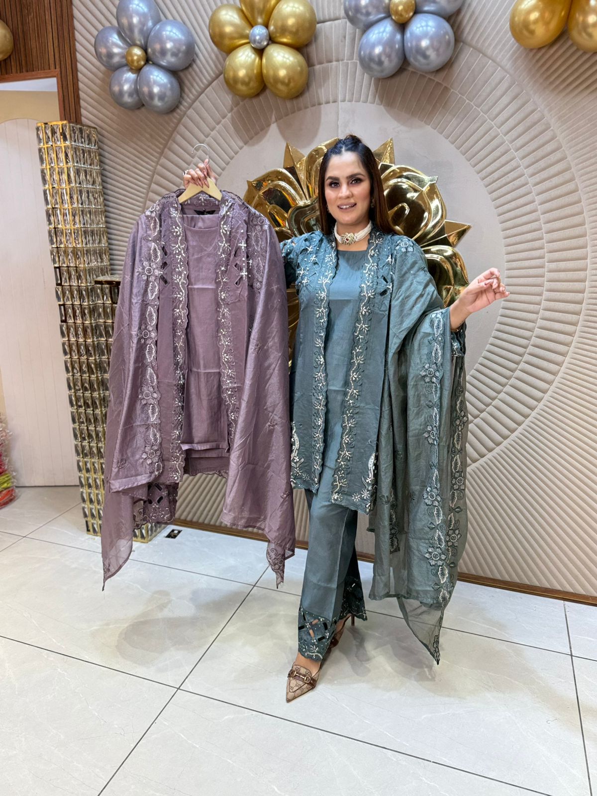 Chic Steel Blue Embroidered Suit PC1852