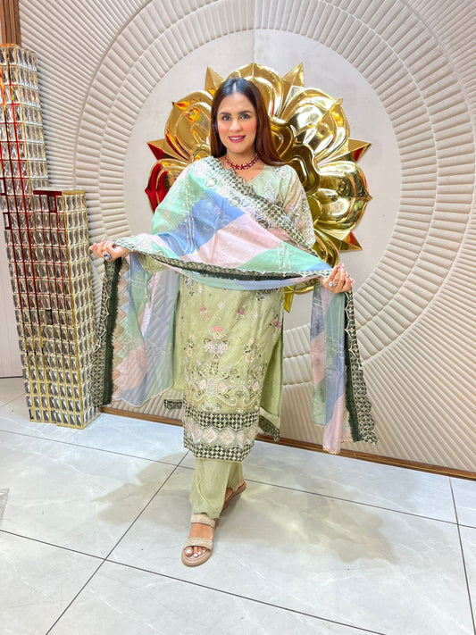 Elegant Traditional Attire with Embellished Dupatta and Matching Outfit PC1863