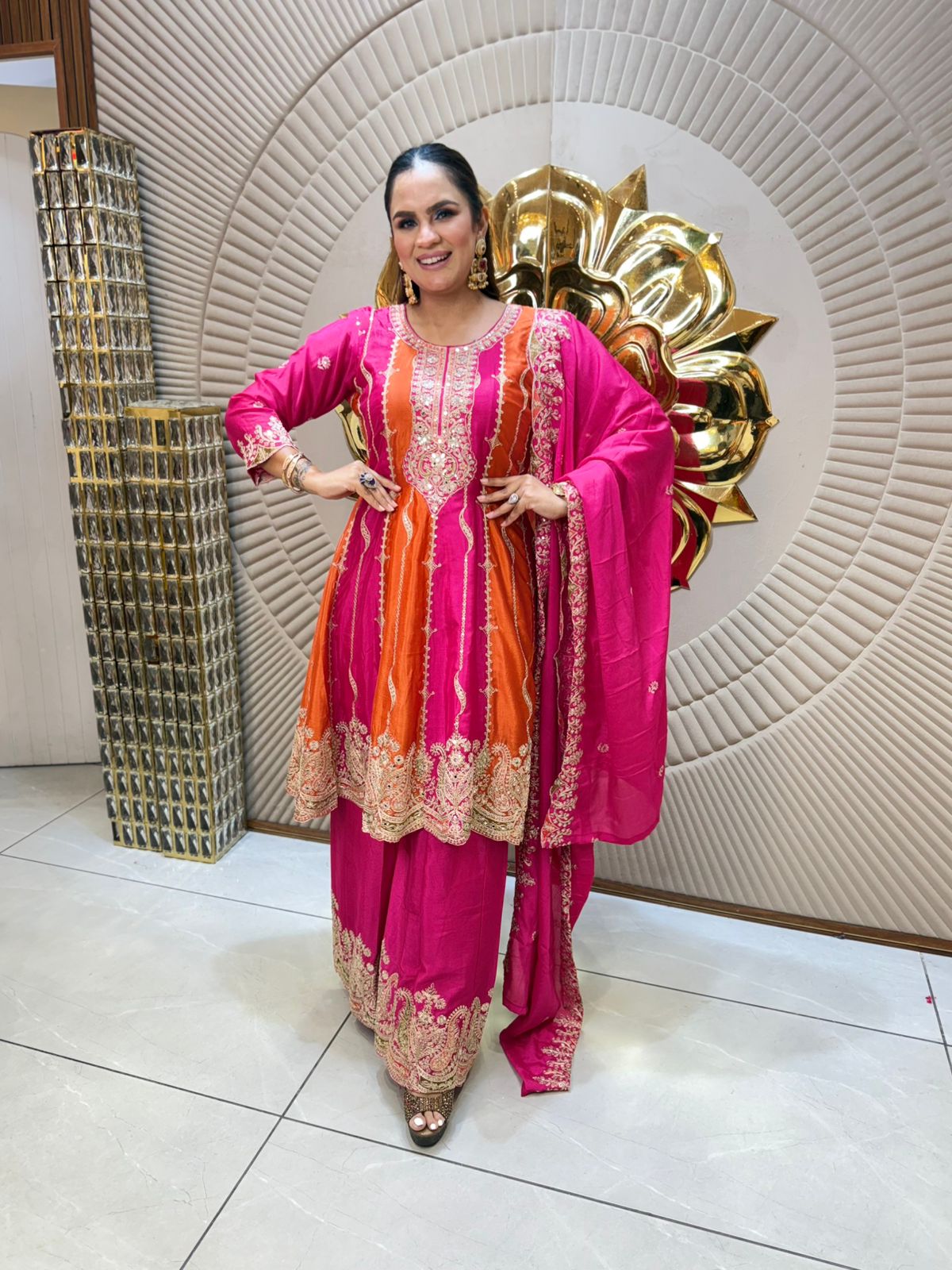 Elegant Orange & Pink Embroidered Suit Set  PC1865