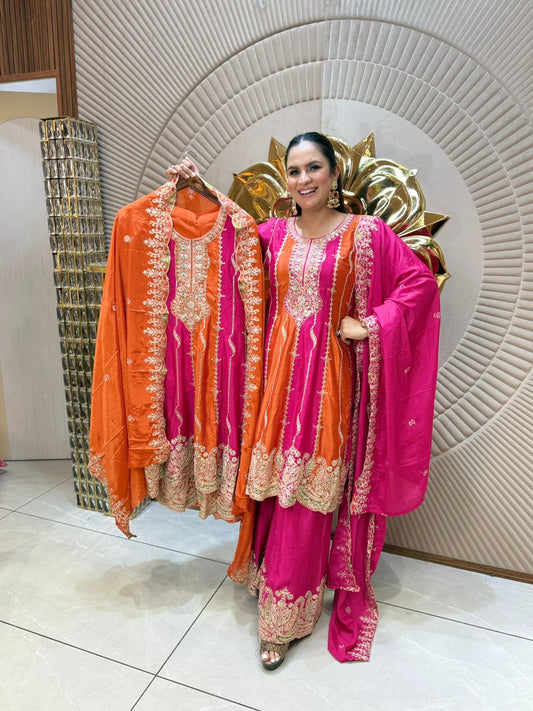 Elegant Orange & Pink Embroidered Suit Set  PC1865