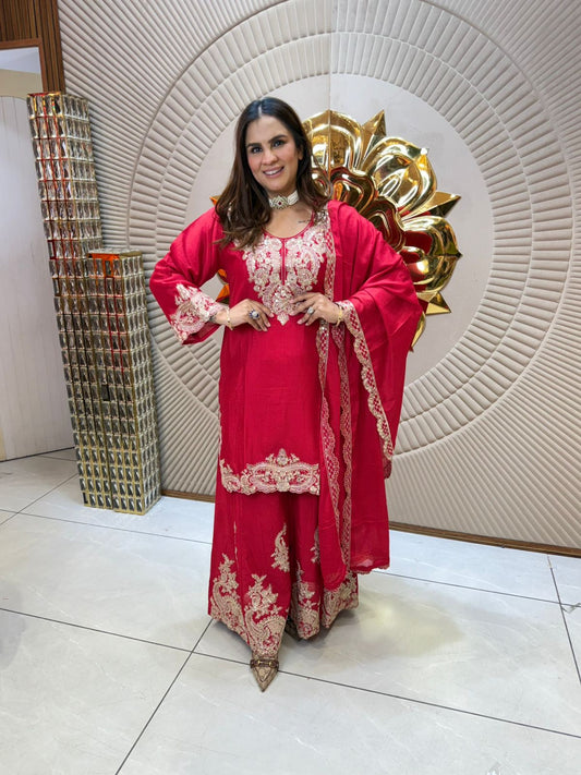 Elegant Red Ensemble with Intricate Embroidery PC1884