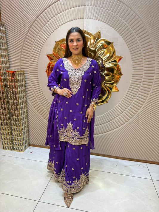 Chinon Fabric Suit With Beautiful Embroidery Work PC1970
