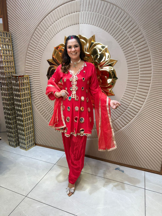 Beautiful Mirror Work Suit With Lace Work PC1976
