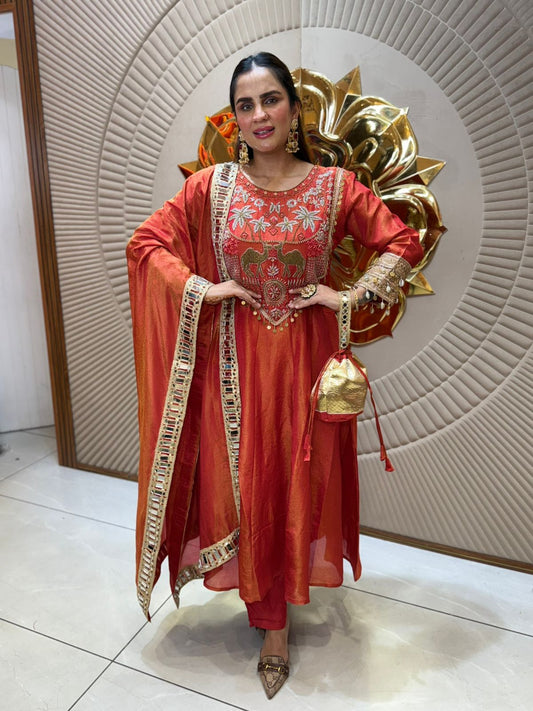 Elegant Red Suit With Mirror Work On Dupatta PC2027